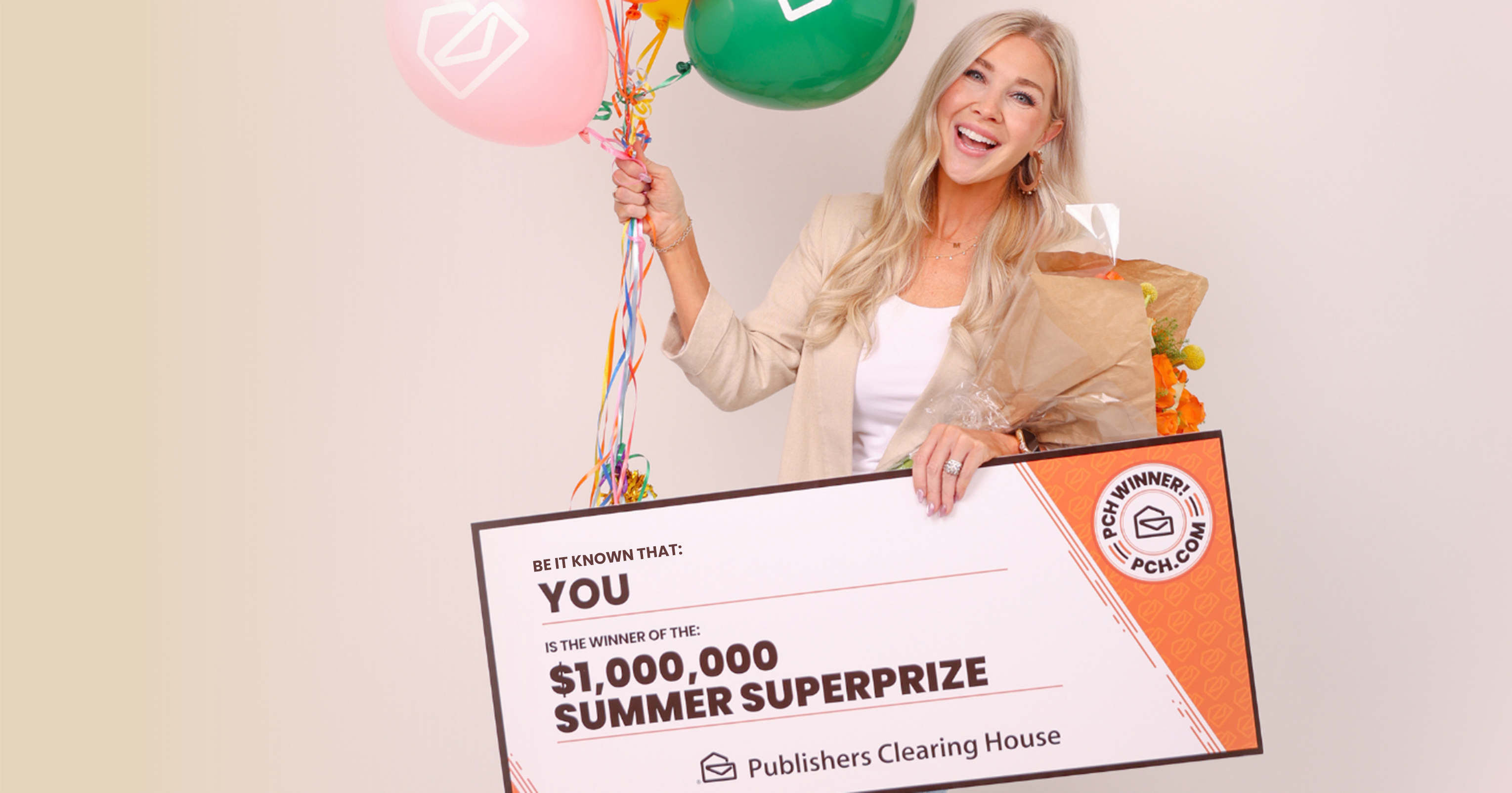 A smiling woman holds a $1,000,000 Publishers Clearing House check, balloons, and a bouquet of flowers.