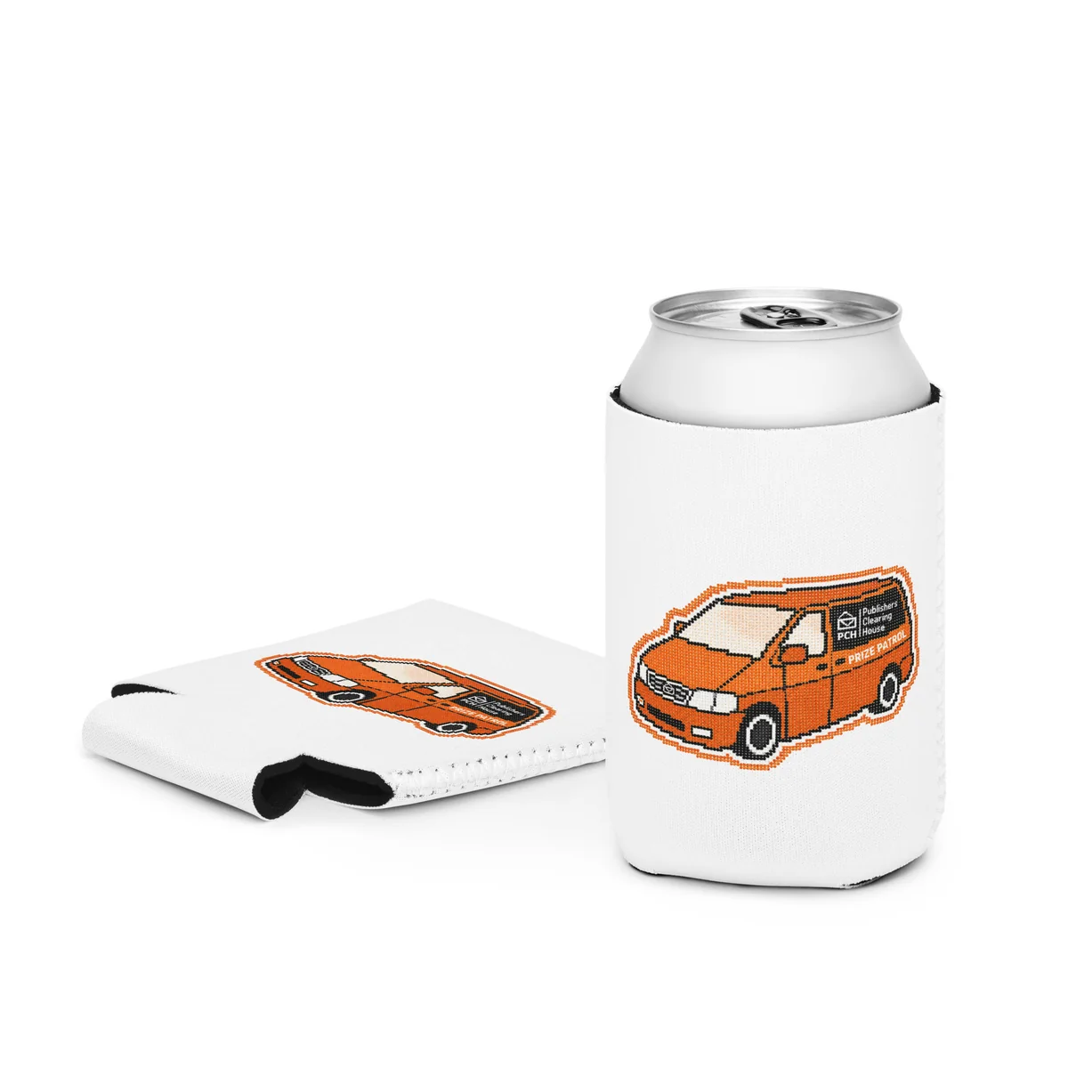 A white can koozie with a pixel art orange van, shown upright on a can and lying flat.