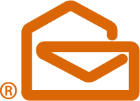 An orange logo that looks like a house and an envelope, with a registered trademark symbol.