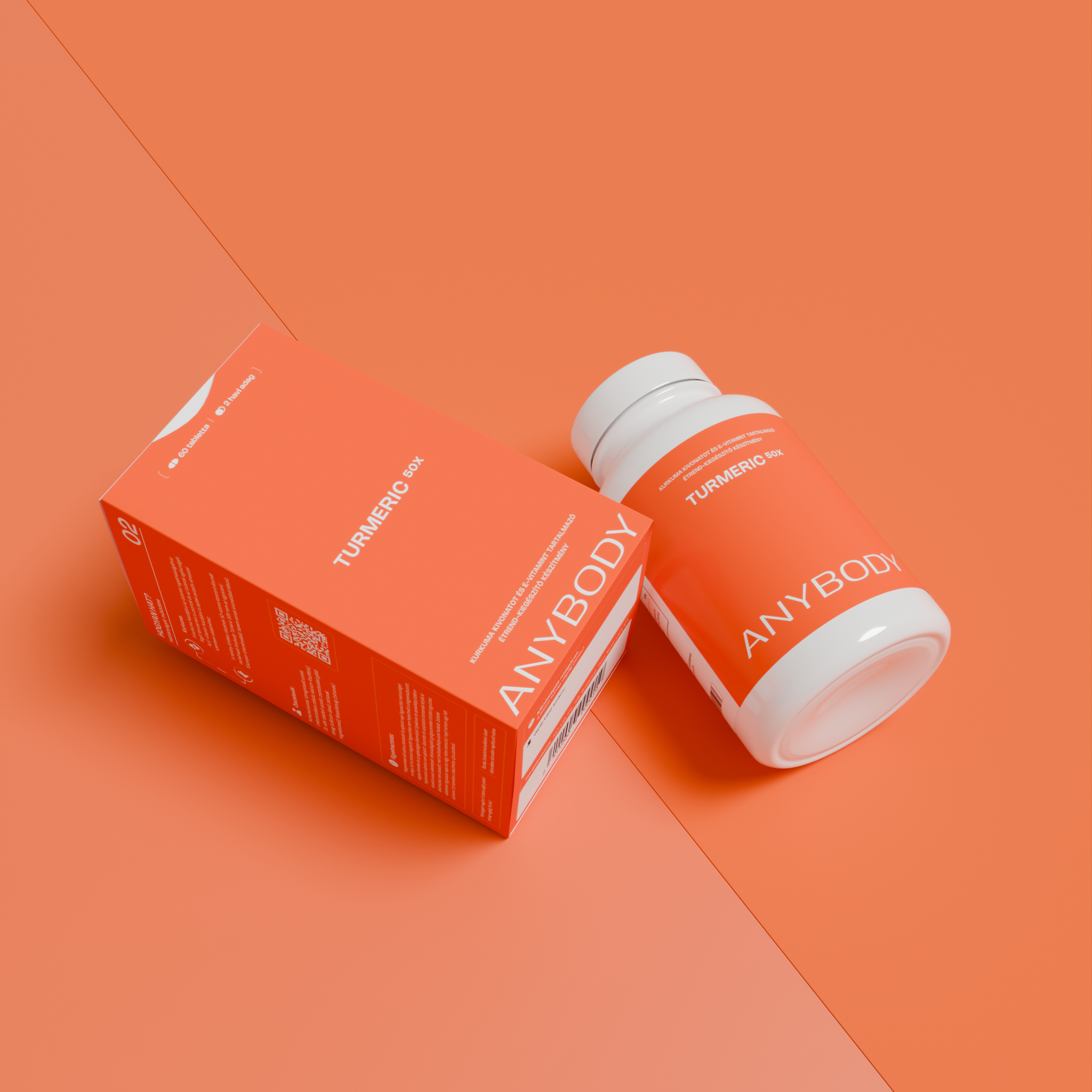 Orange box and bottle labeled 'Turmeric 50x' on matching background.