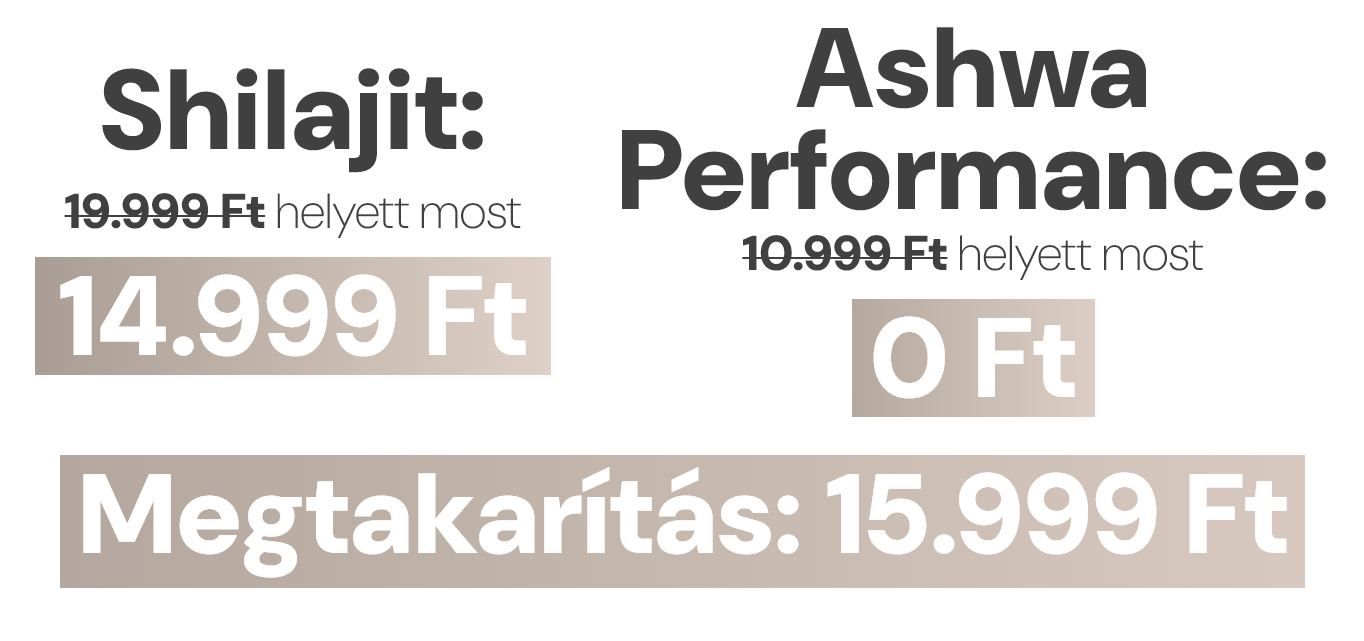 Discounted prices for Shilajit and Ashwa Performance in Hungarian currency.