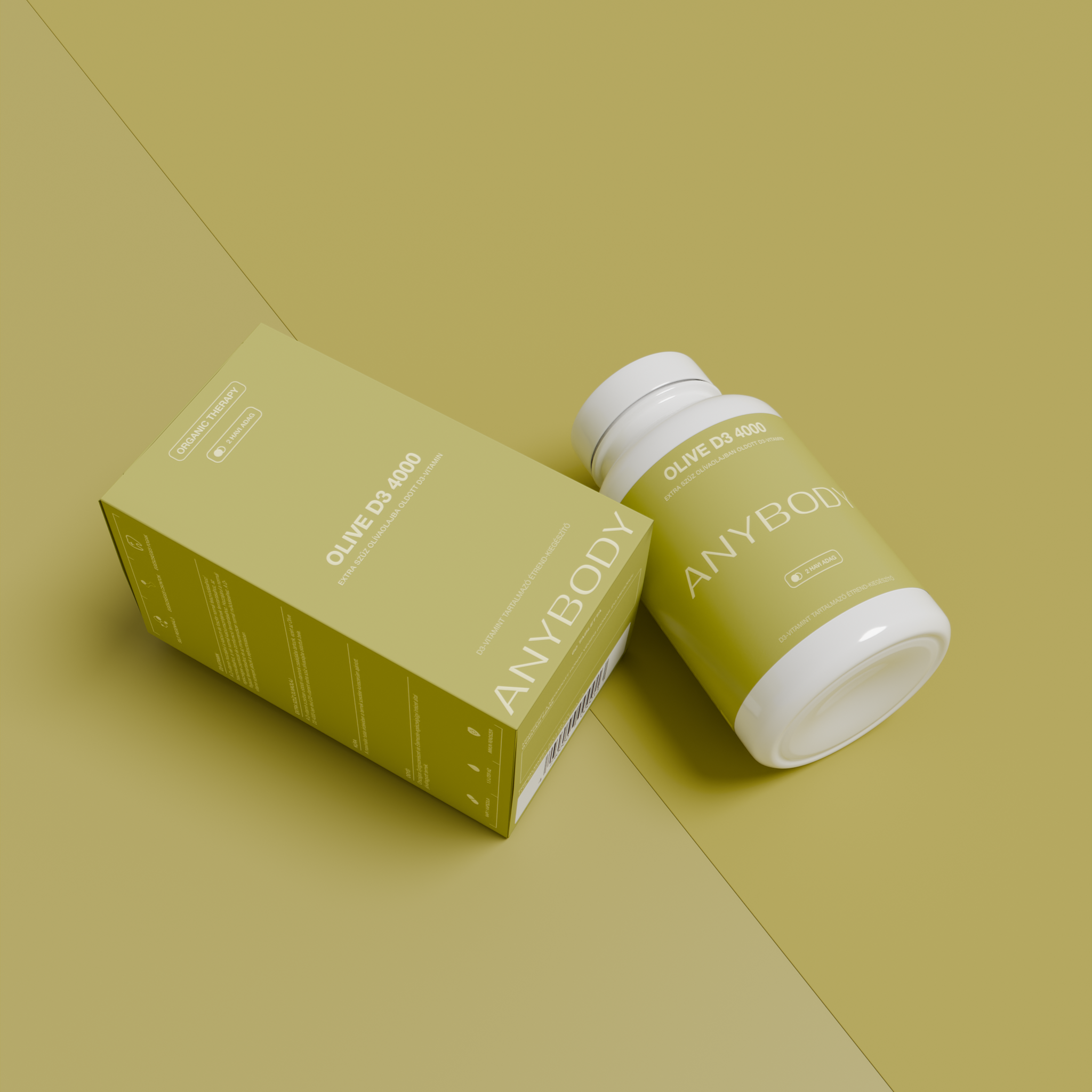 Olive D3 4000 supplement bottle and box on a yellow background.