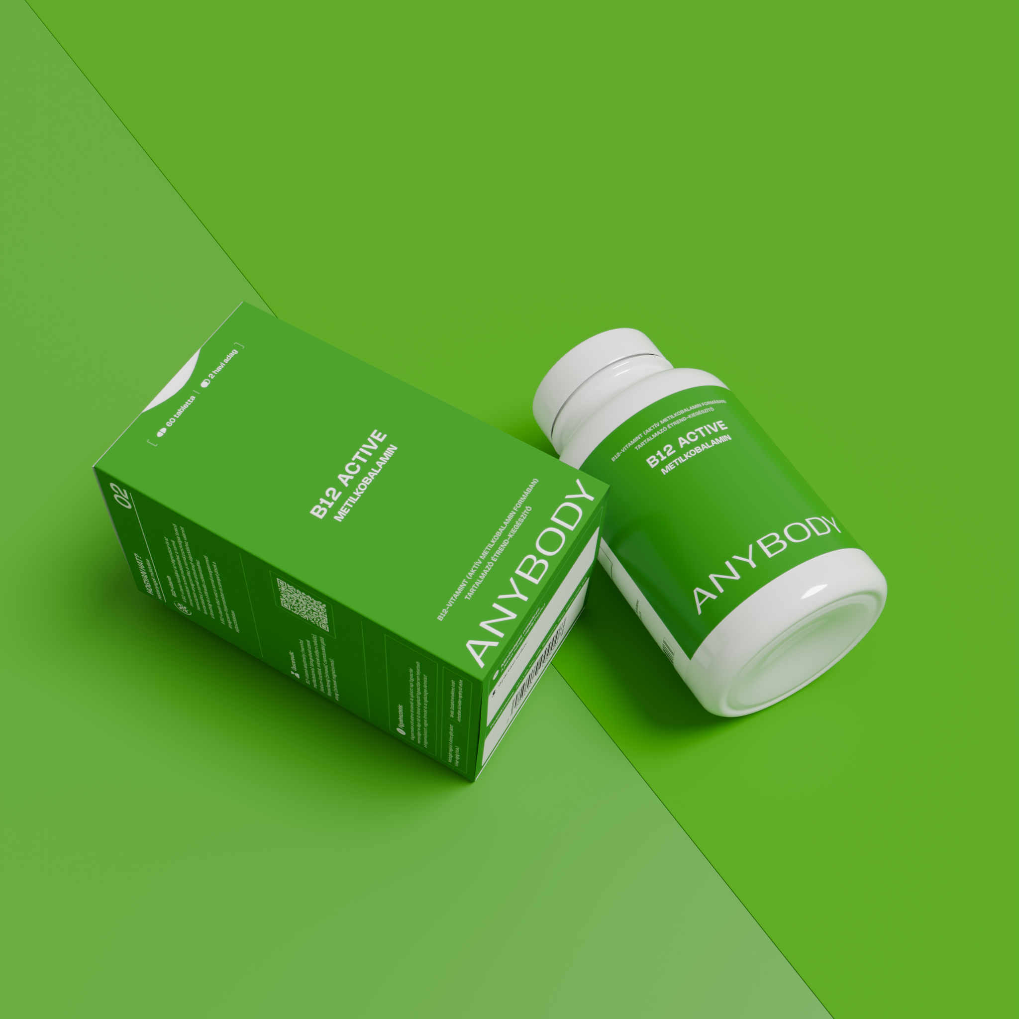 Green box and bottle labeled 'B12 Active' on a green background.