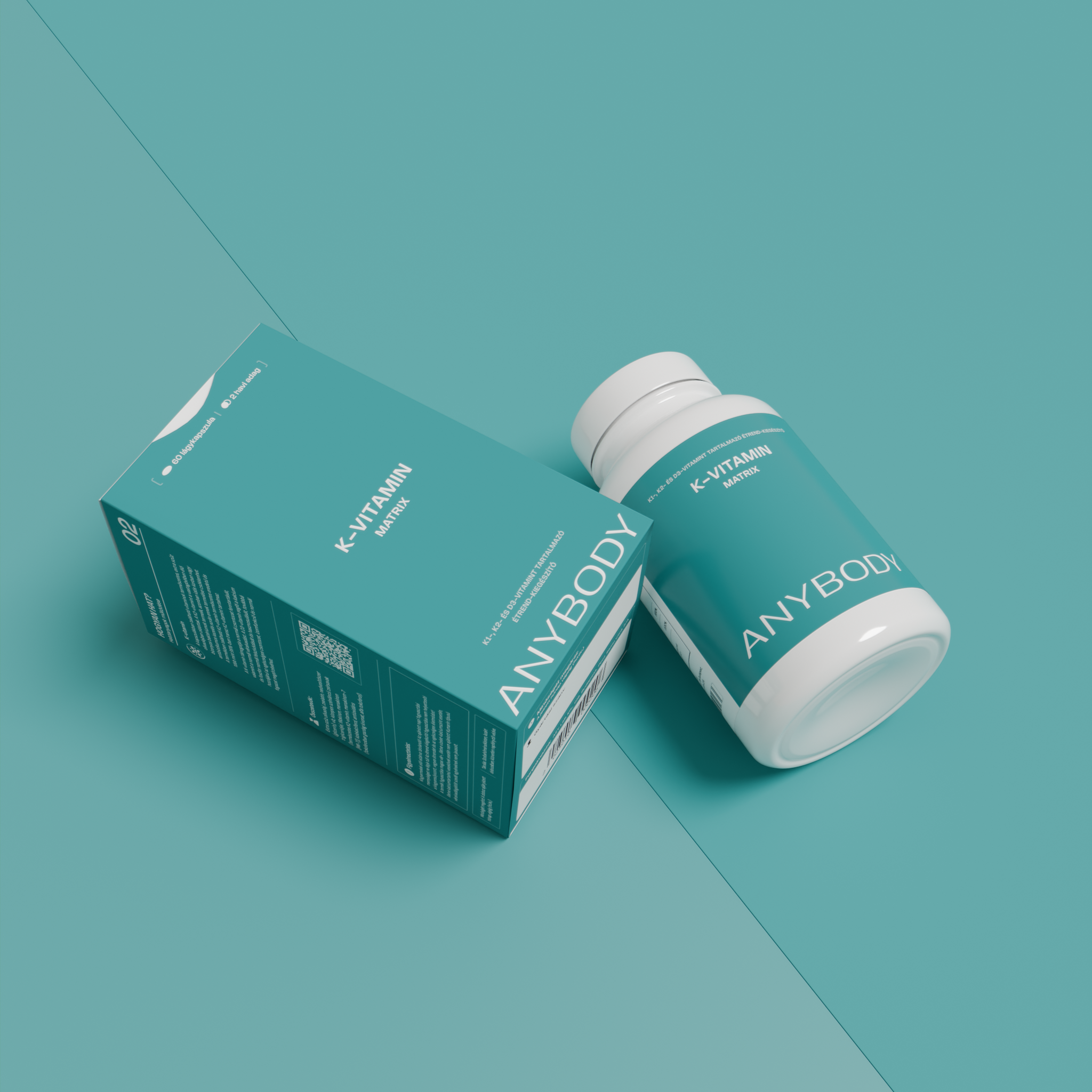 Teal vitamin bottle and box labeled 'ANYBODY' on a matching background.