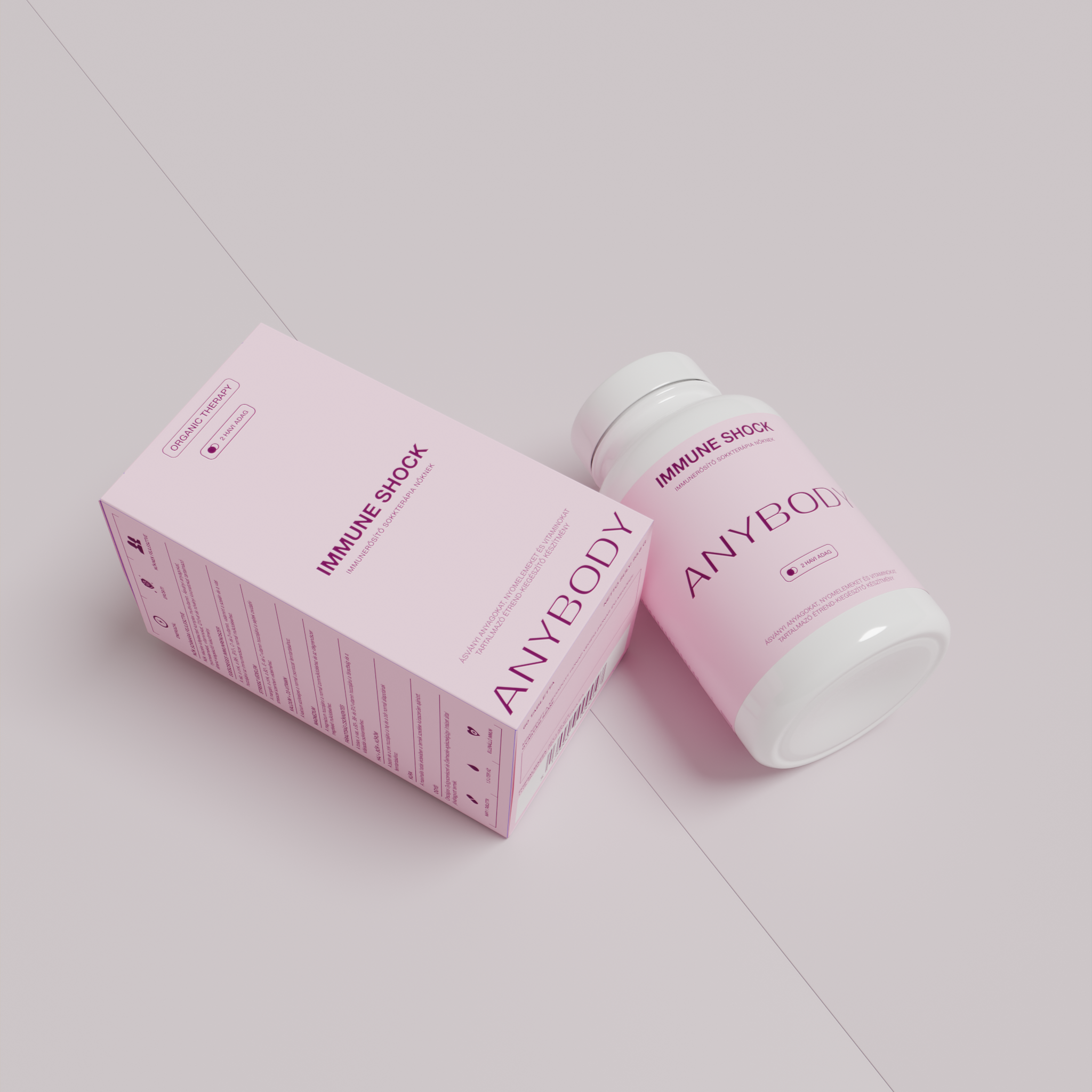 Pink supplement box and bottle labeled 'ANYBODY' on a light background.