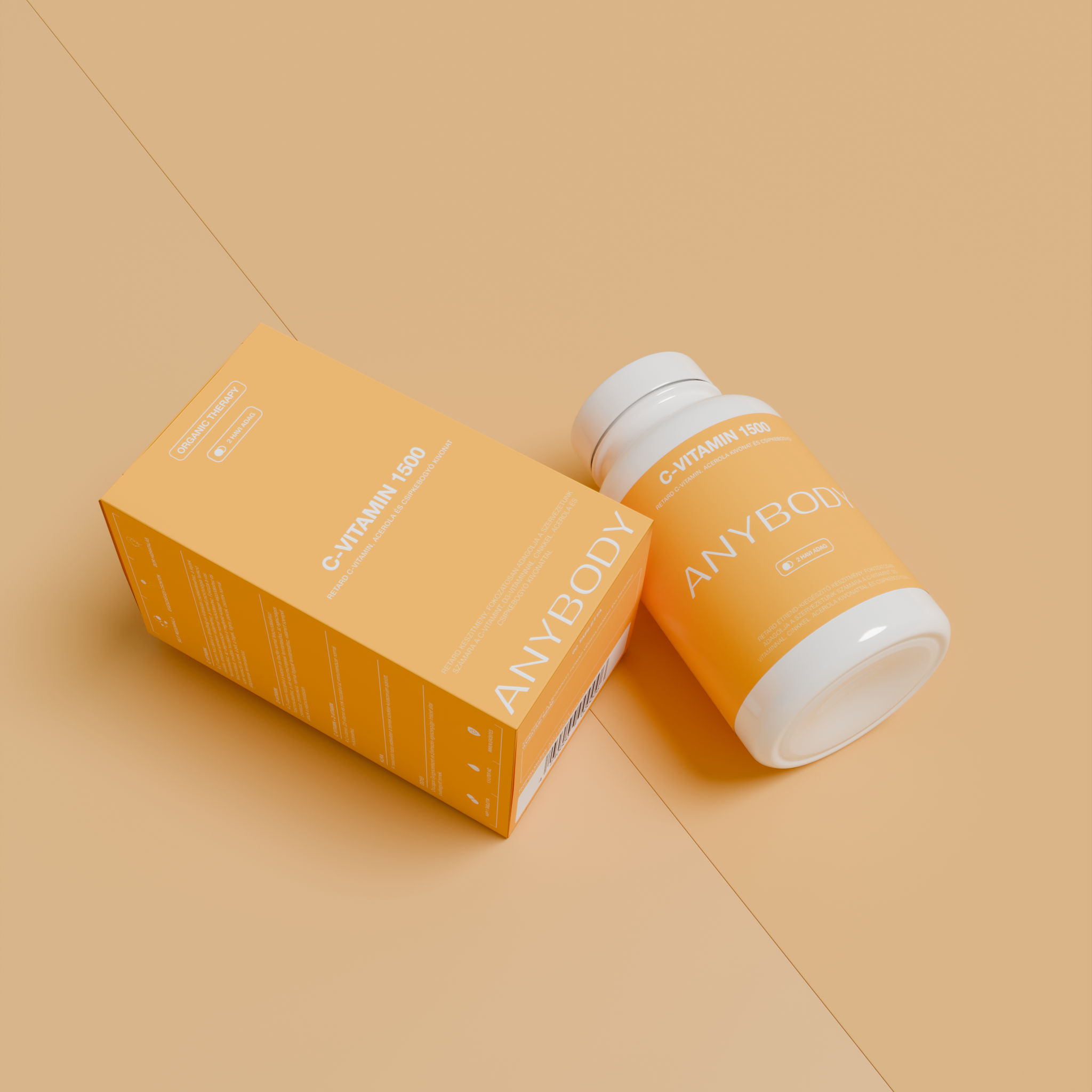 Orange vitamin bottle and box labeled 'ANYBODY' on a matching background.