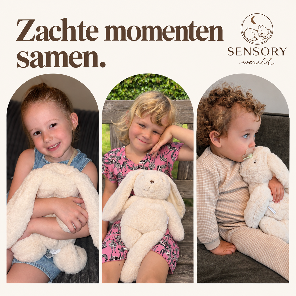 Collage van drie aangeleverde knuffelmomenten met kinderen en het crèmekleurige konijn.