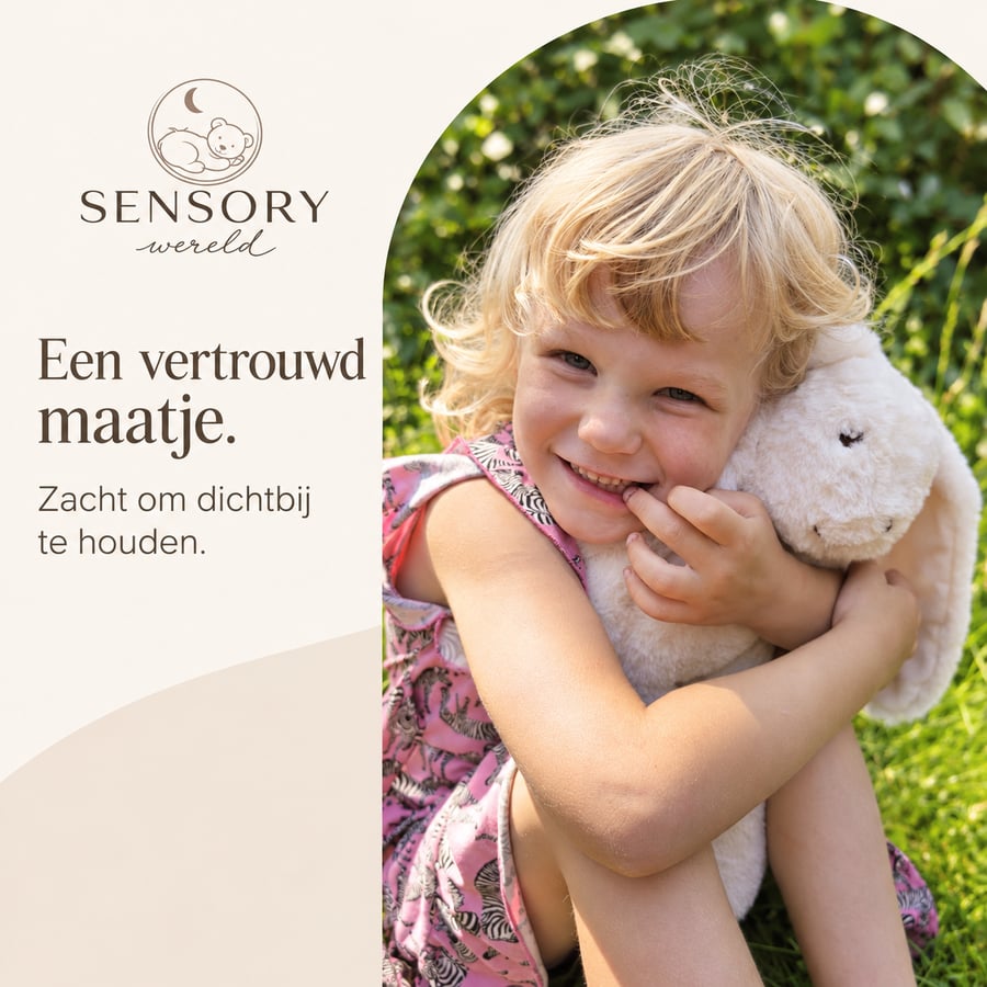 Kind in een roze jurk dat buiten het crèmekleurige konijn tegen zich aan houdt.