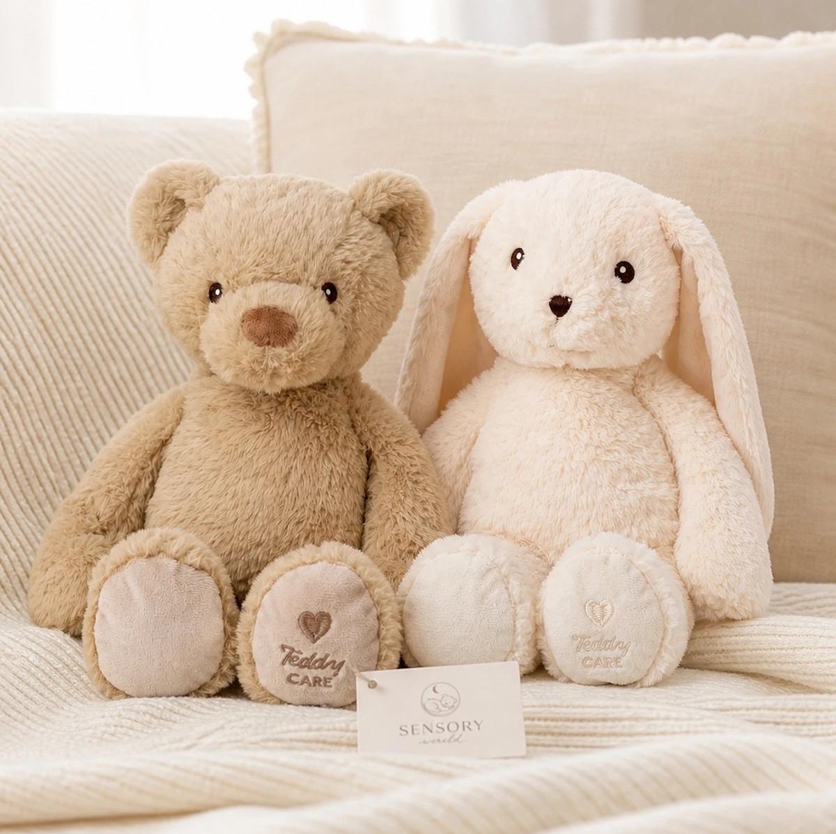 A brown teddy bear and a cream-colored stuffed bunny rabbit are sitting together on a textured blanket.