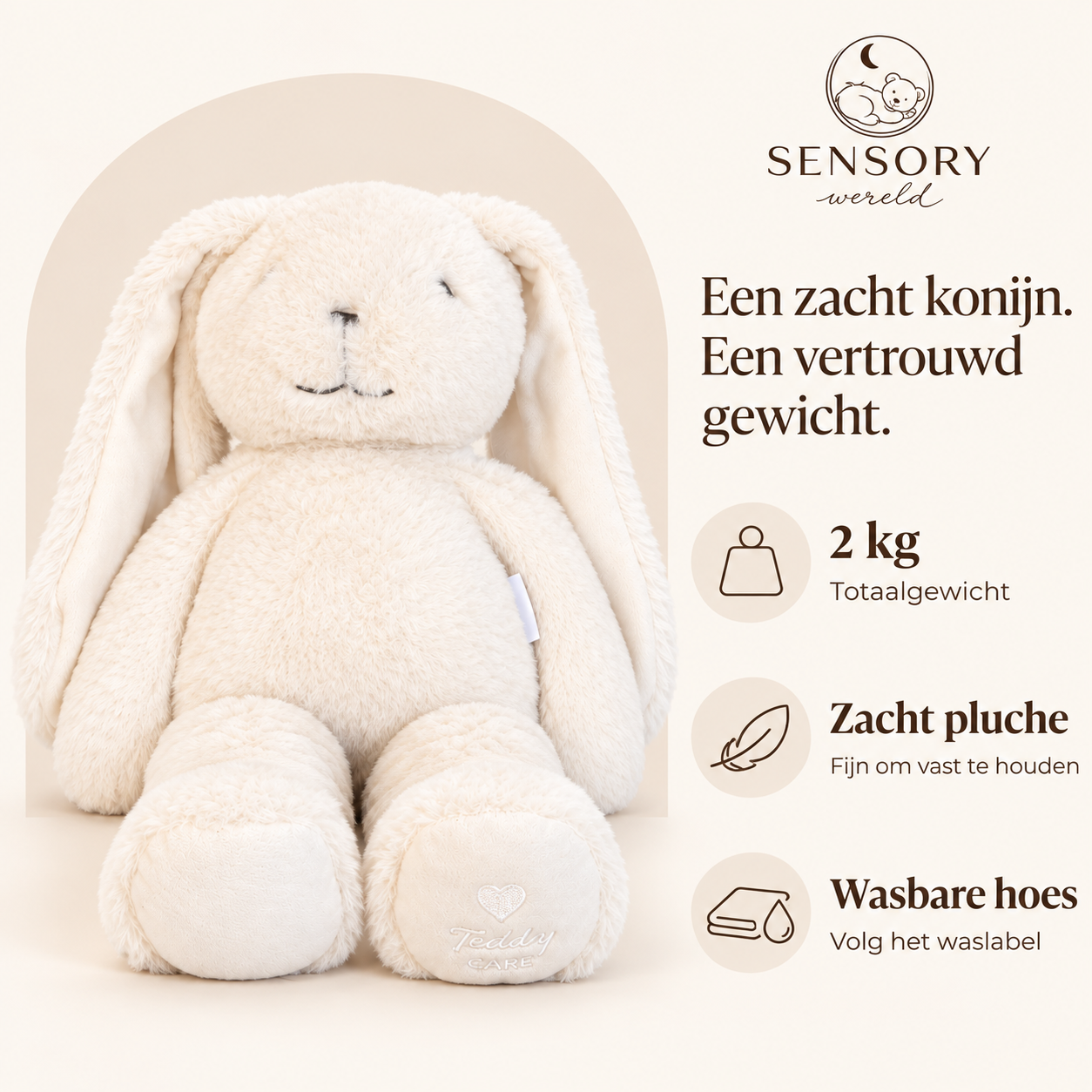 Konijn met toelichting op totaalgewicht, zacht pluche en wasbare hoes.