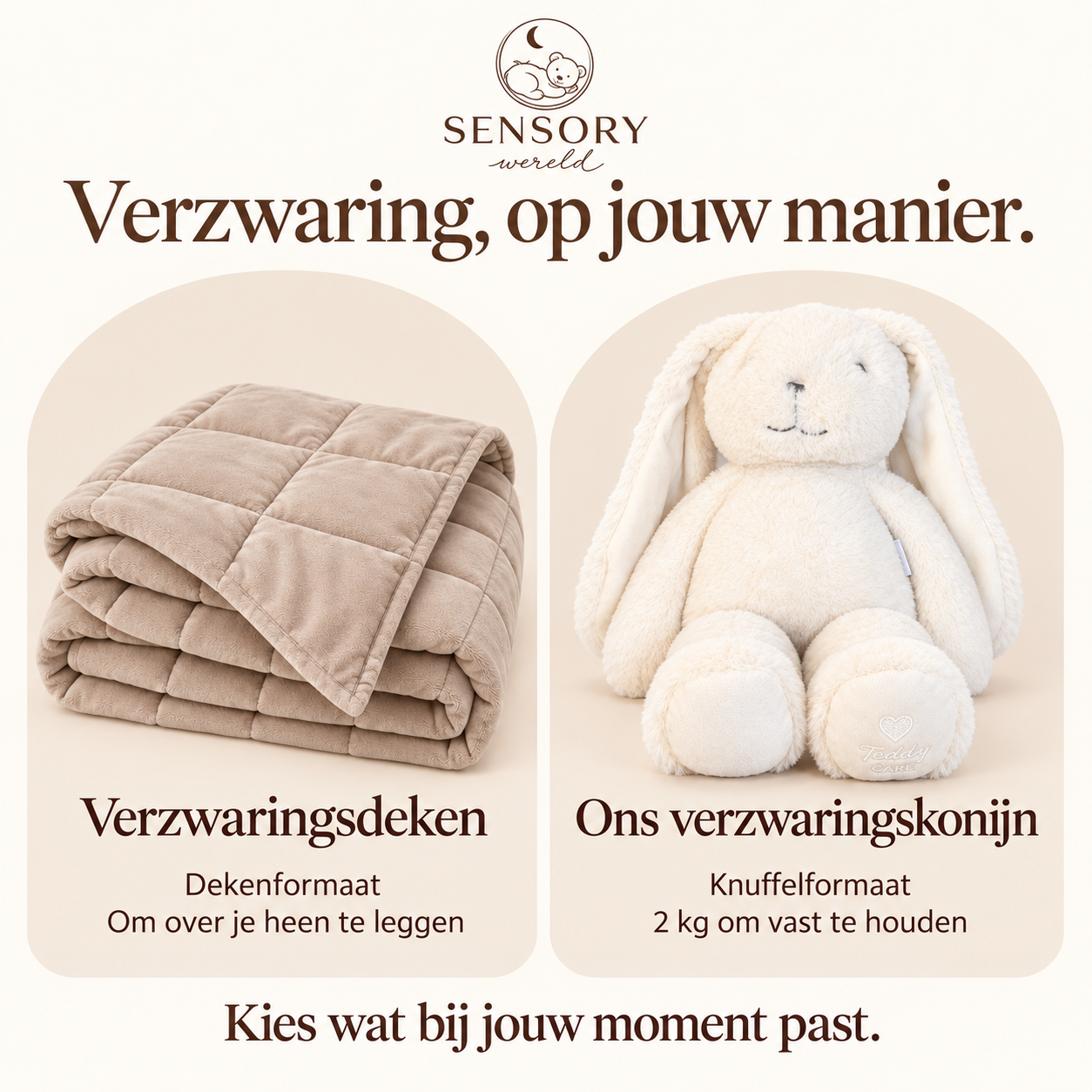 Een beige verzwaringsdeken naast het crèmekleurige verzwaringskonijn.