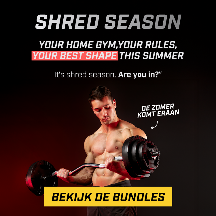 A muscular man lifts a barbell in a 'Shred Season' home gym advertisement.