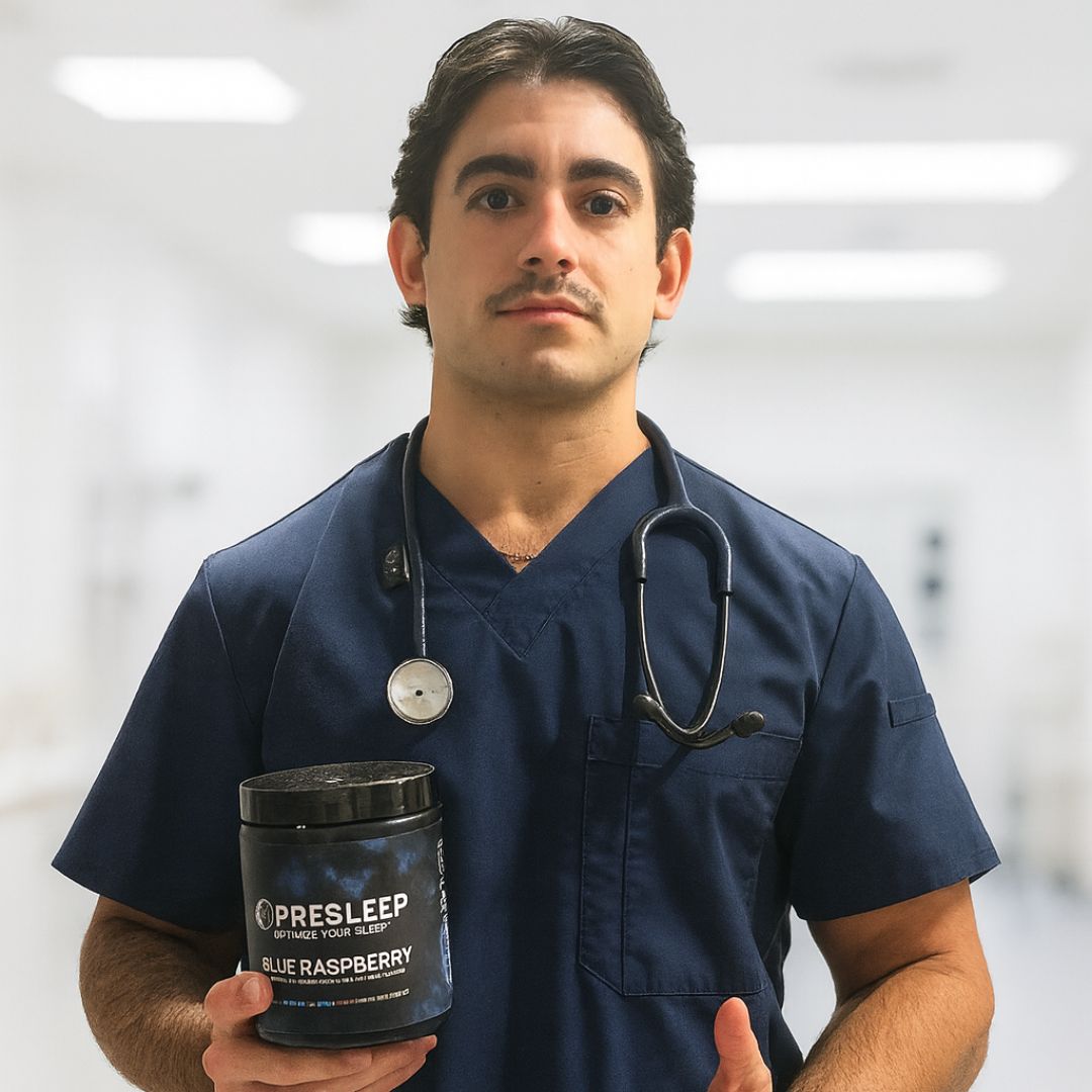 Person in scrubs holding a container labeled 'PRESLEEP Blue Raspberry' with a stethoscope around their neck.