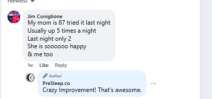 A screenshot of a Facebook comment thread showing a positive customer testimonial for a sleep product.