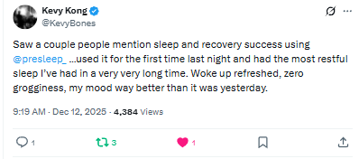 Tweet praising a sleep aid called @presleep, mentioning improved sleep and mood.