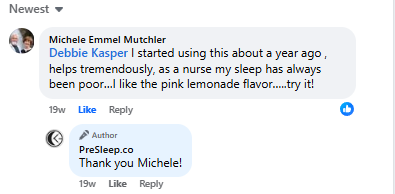 A screenshot of a social media comment thread showing a positive customer review and the author's reply.