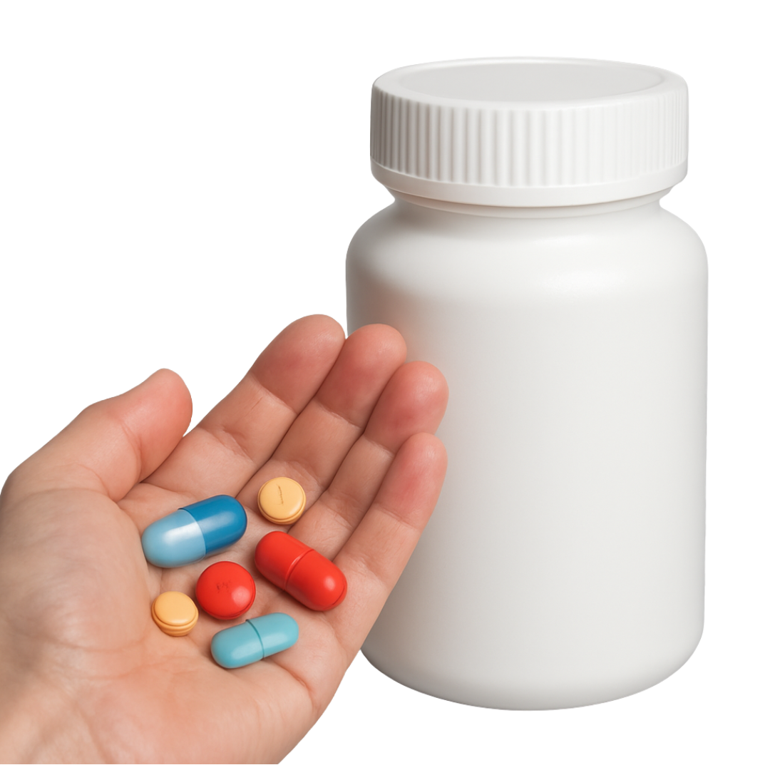 Hand holding colorful pills next to a white bottle.