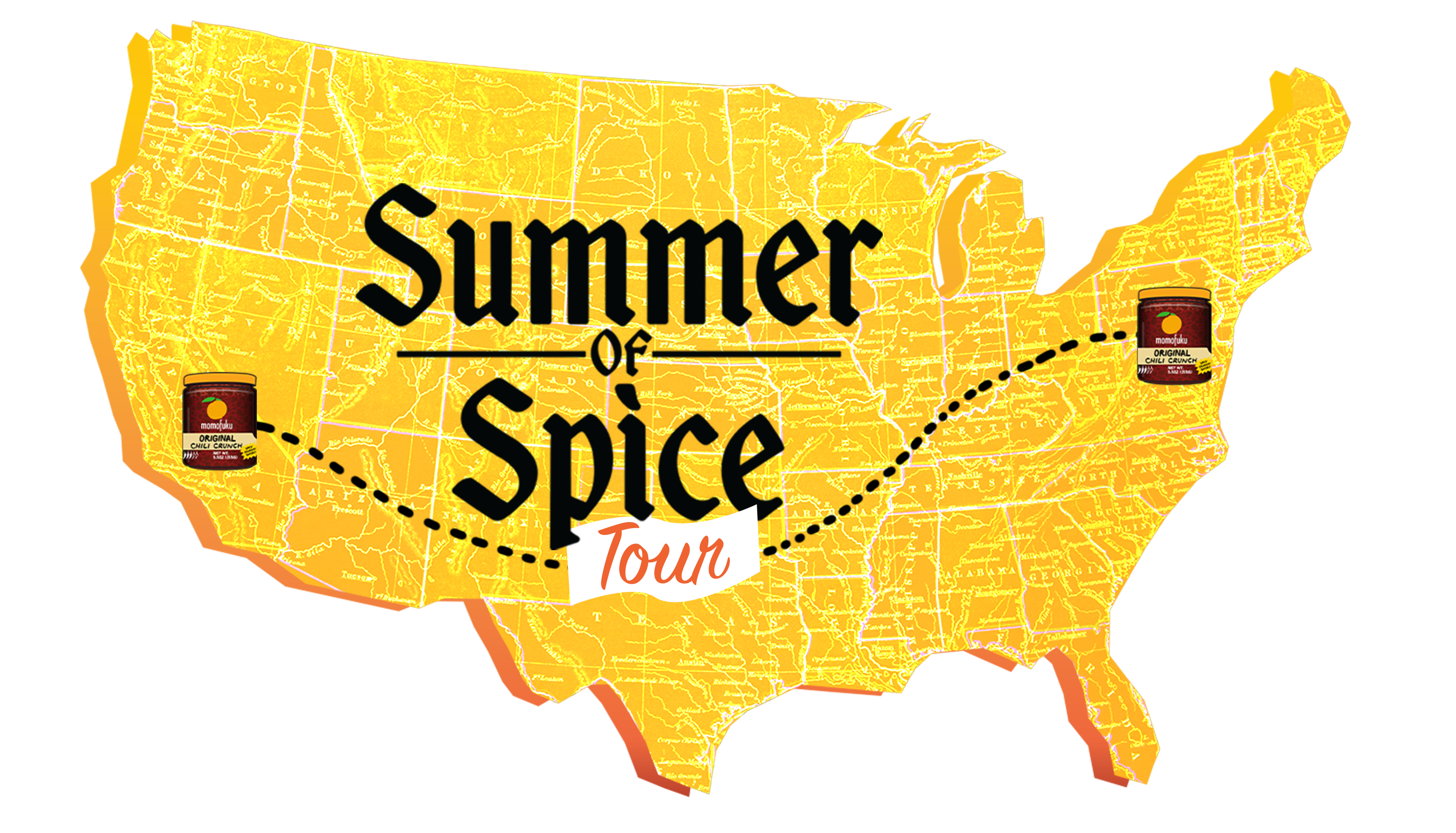 A yellow map of the USA with the text 'Summer of Spice Tour' and a route across the country.