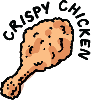 A cartoon illustration of a fried chicken drumstick with the words 'CRISPY CHICKEN' written above it.