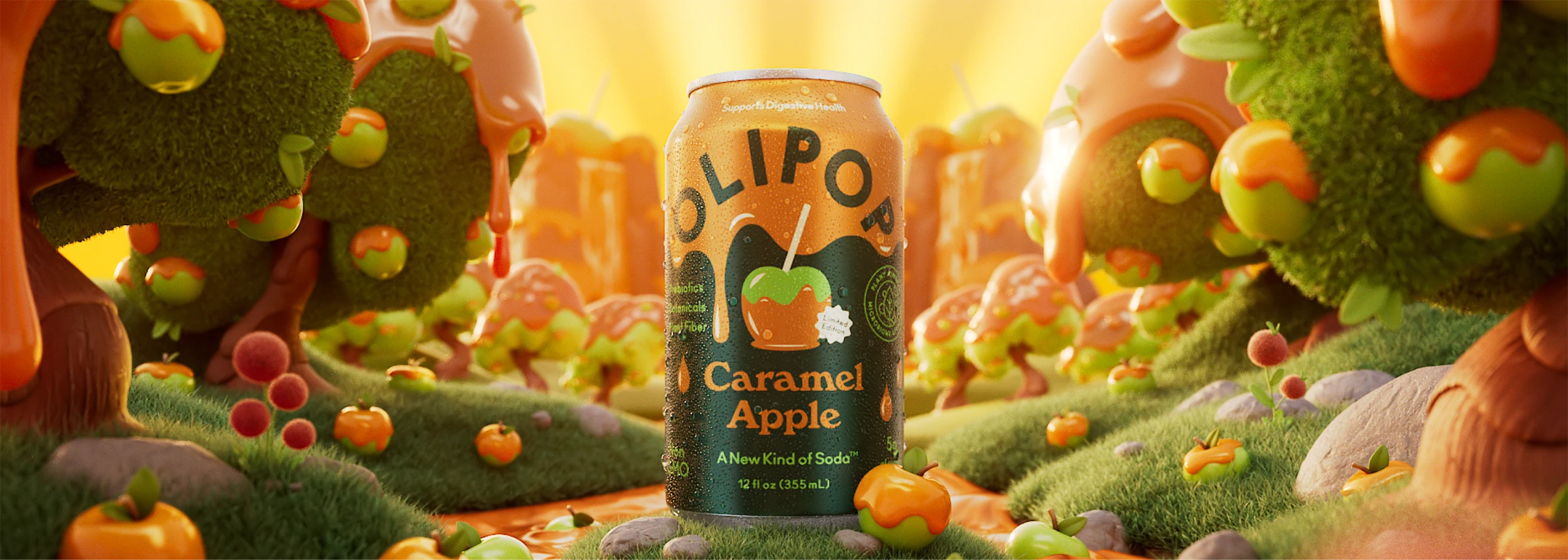 An Olipop Caramel Apple soda can in a whimsical, stylized forest with caramel-covered apple trees.