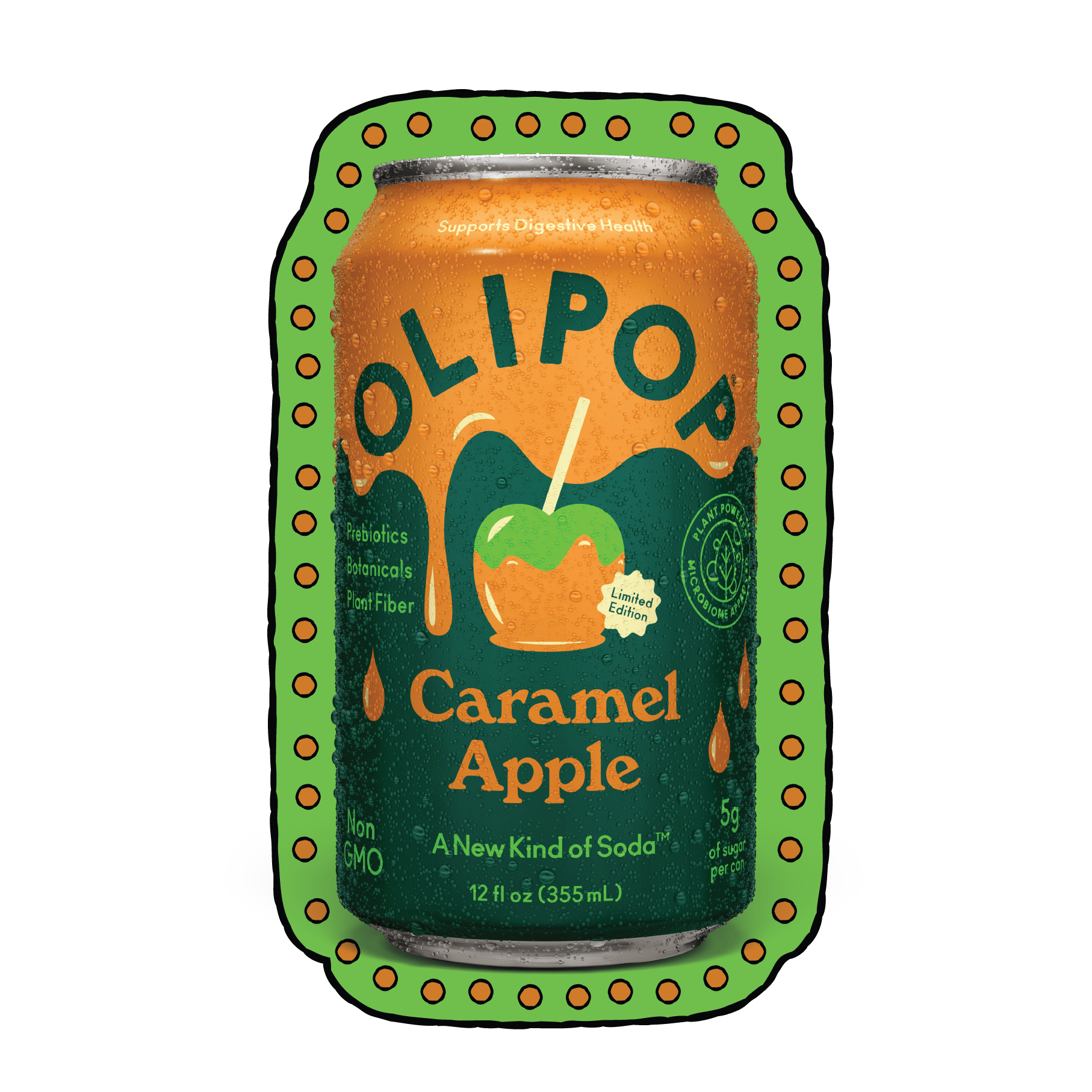A can of Olipop Caramel Apple soda, with a green border on a black background.