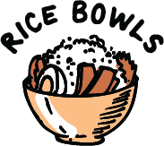 A cartoon illustration of a rice bowl with the words 'RICE BOWLS' written above it.