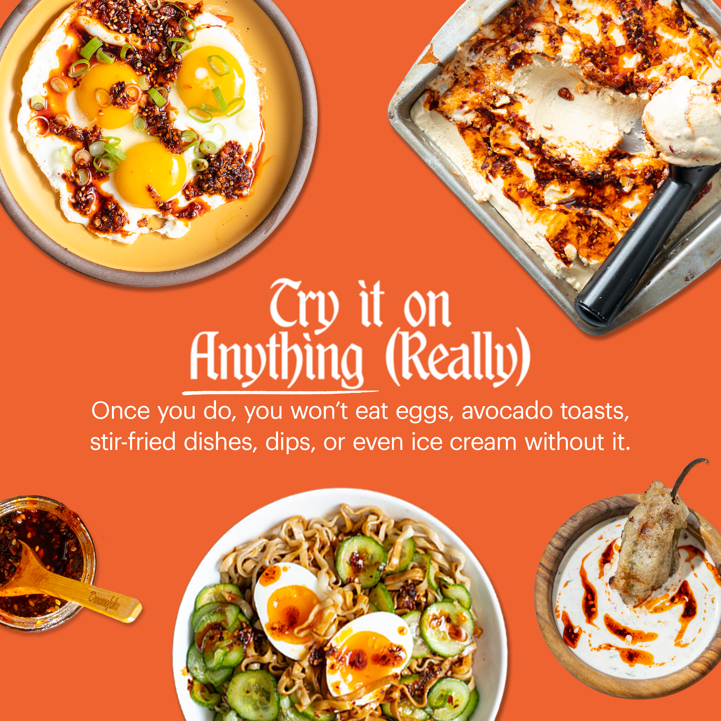 A collage of various food items including eggs, ice cream, and noodles, all topped with a chili sauce.