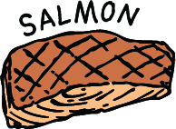 A cartoon drawing of a grilled salmon fillet with the word 'SALMON' written above it.