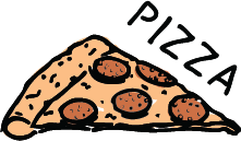 A cartoon drawing of a slice of pepperoni pizza with the word PIZZA written next to it.