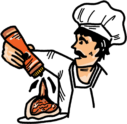 A cartoon illustration of a chef in a white hat squeezing a bottle of sauce onto food.