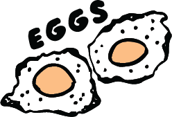 A simple cartoon drawing of two fried eggs with the word EGGS written above them.