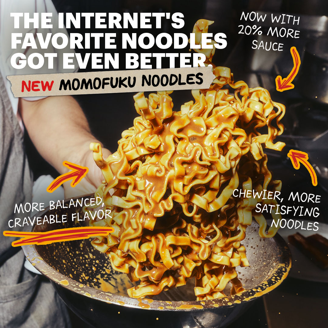 Holding noodles with sauce, promotional text for Momofuku noodles.