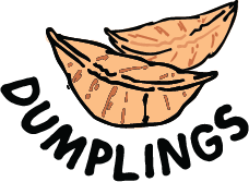 A cartoon illustration of two dumplings with the word 'DUMPLINGS' written in an arc below them.