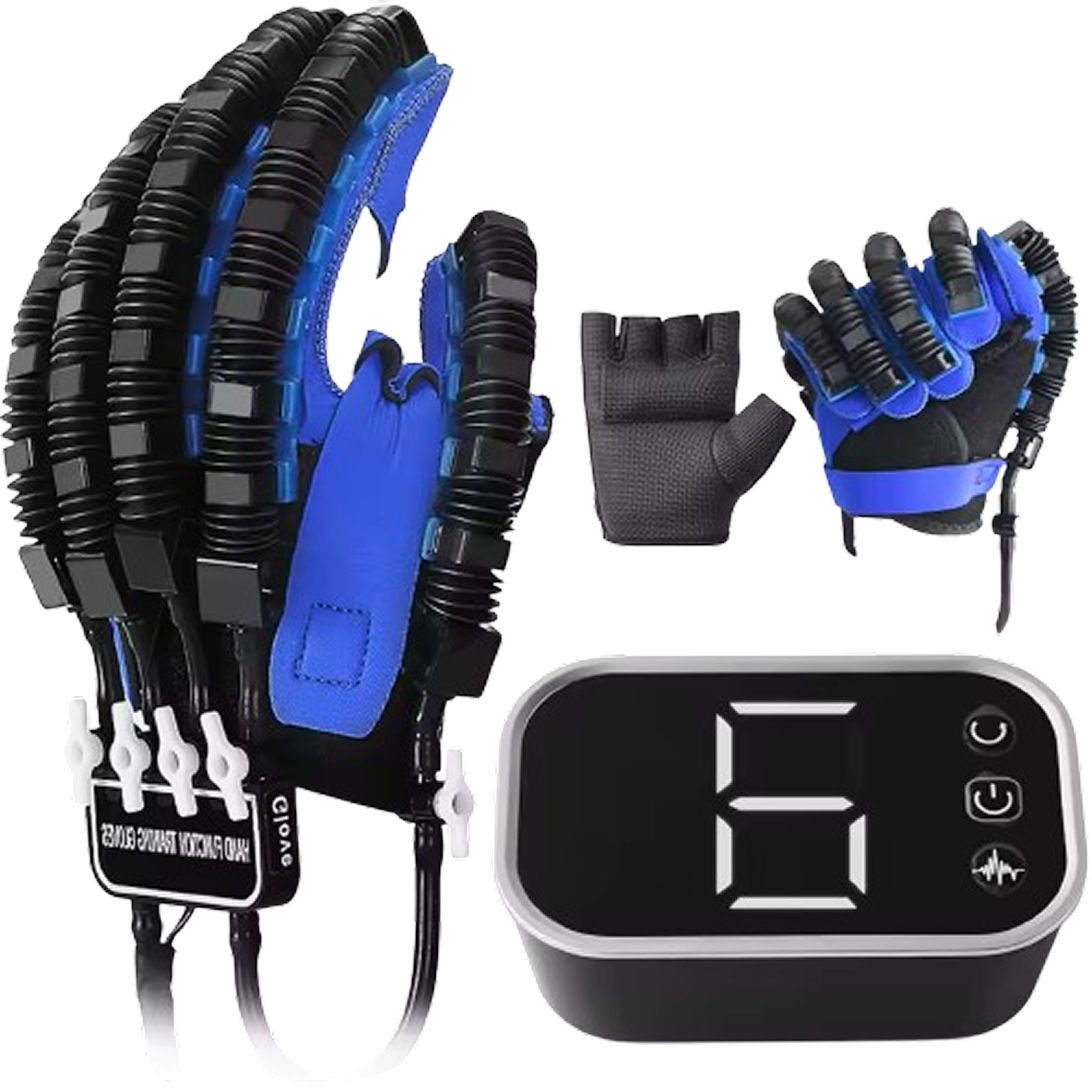 Robotic gloves with black and blue design, paired with a digital display showing number six.