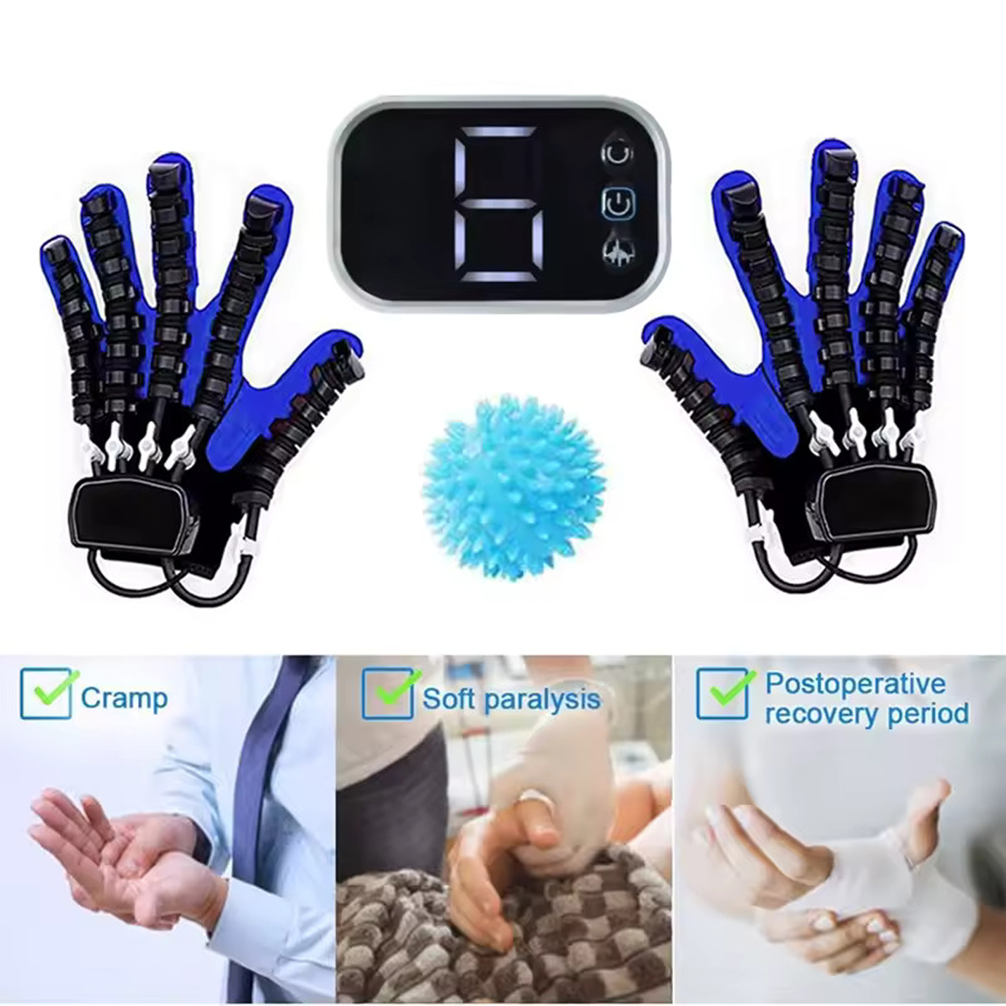 Rehabilitation gloves with a digital counter and a spiky massage ball, hand therapy images below.