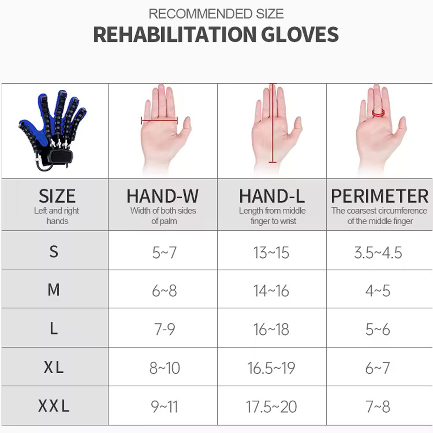 Size chart for rehabilitation gloves, showing various hand measurements.
