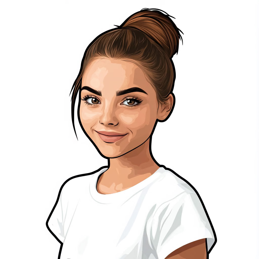 Illustration of a smiling woman with a bun hairstyle wearing a white shirt.