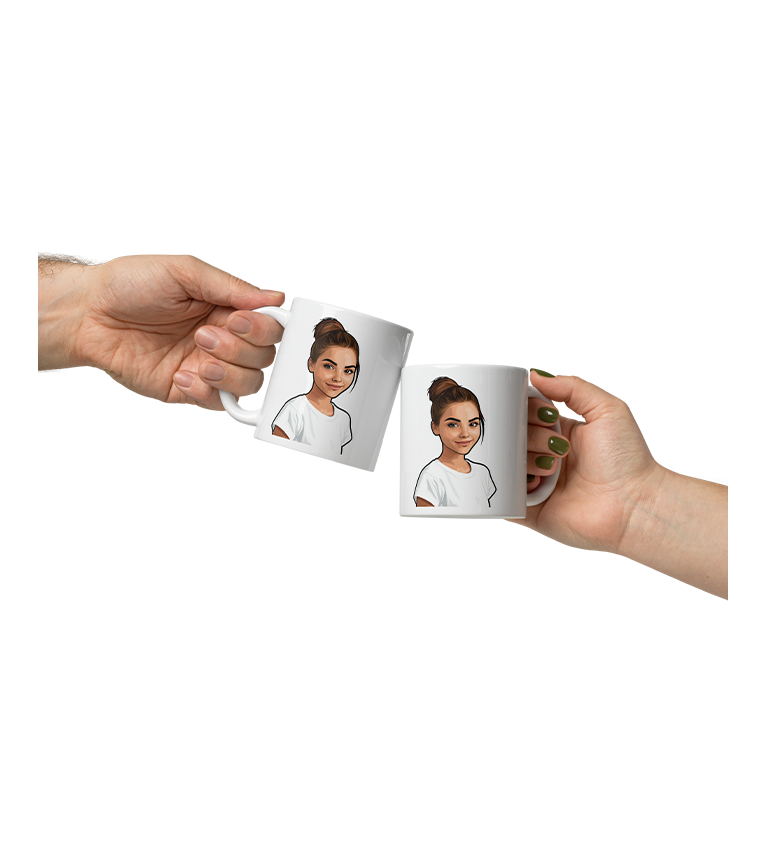 Two hands holding mugs with a cartoon woman illustration.