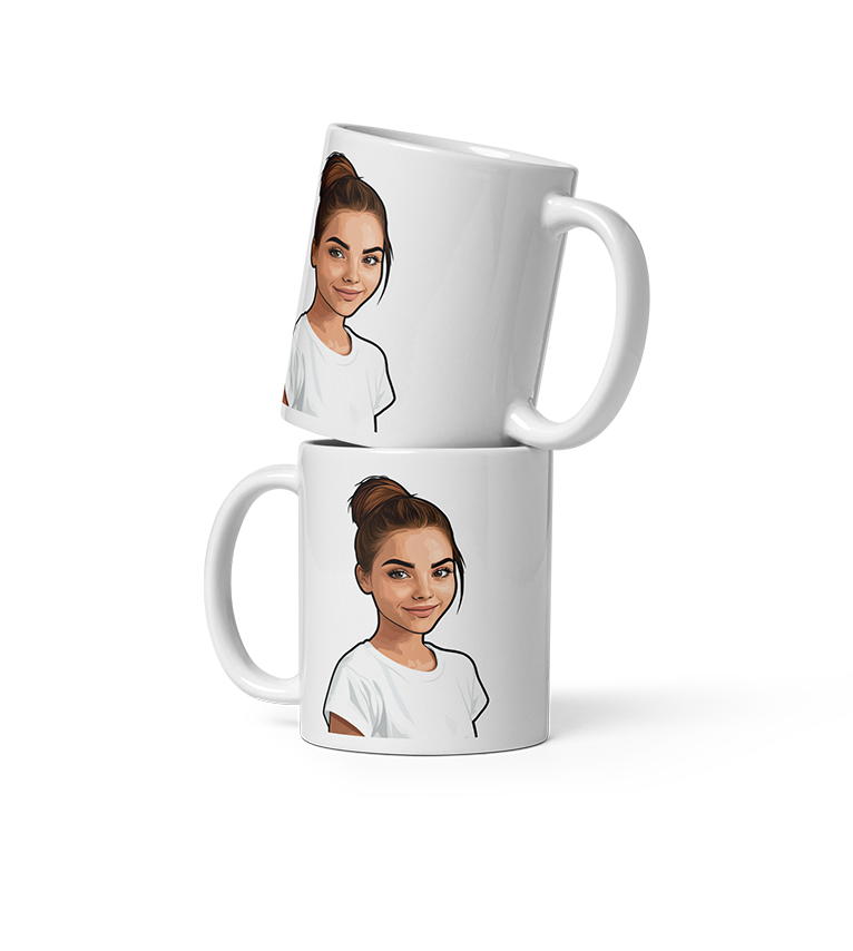 Two white mugs with a cartoon woman illustration.