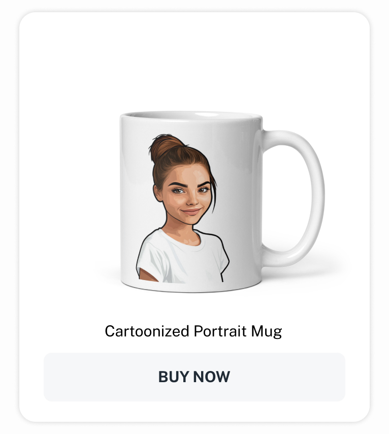 White mug with a cartoon portrait of a woman in a white shirt.