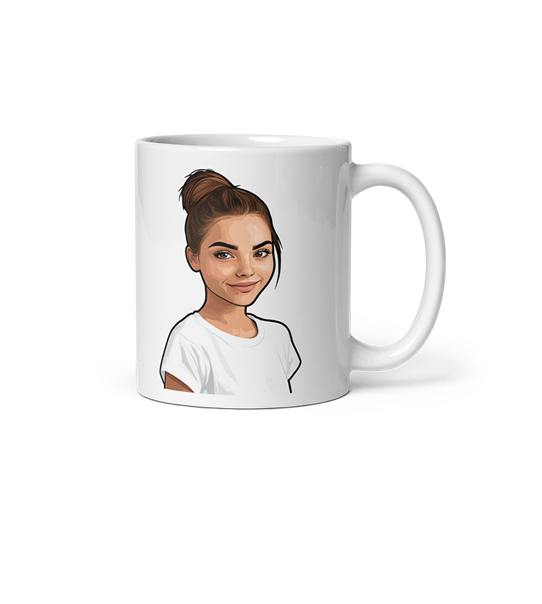White mug with a cartoon illustration of a woman in a white shirt.