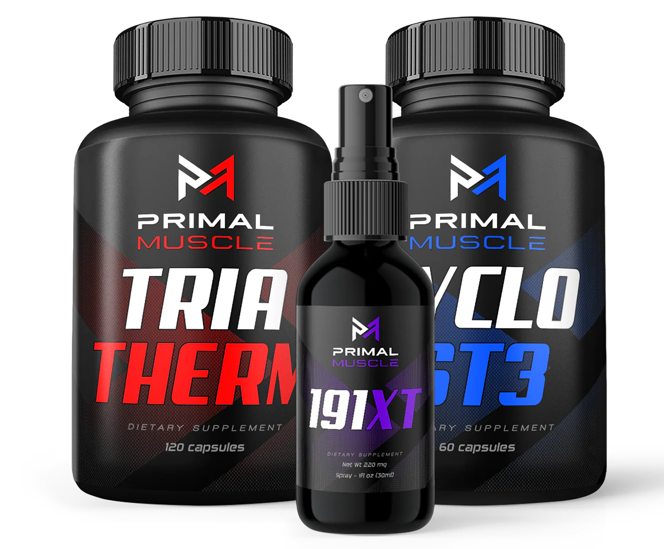 Three Primal Muscle dietary supplement bottles.