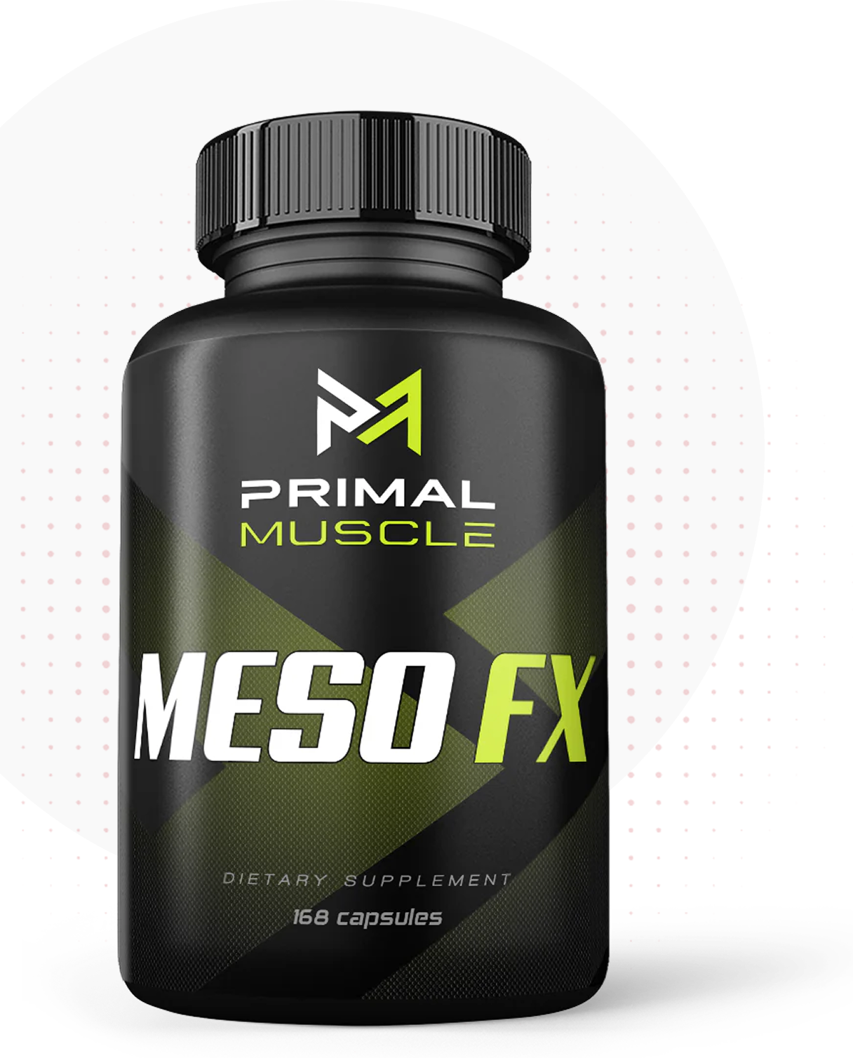 Bottle of Primal Muscle Meso FX dietary supplement with 168 capsules.