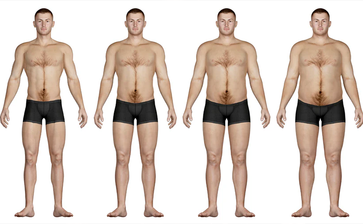 Four male figures in black shorts, each with different body types.