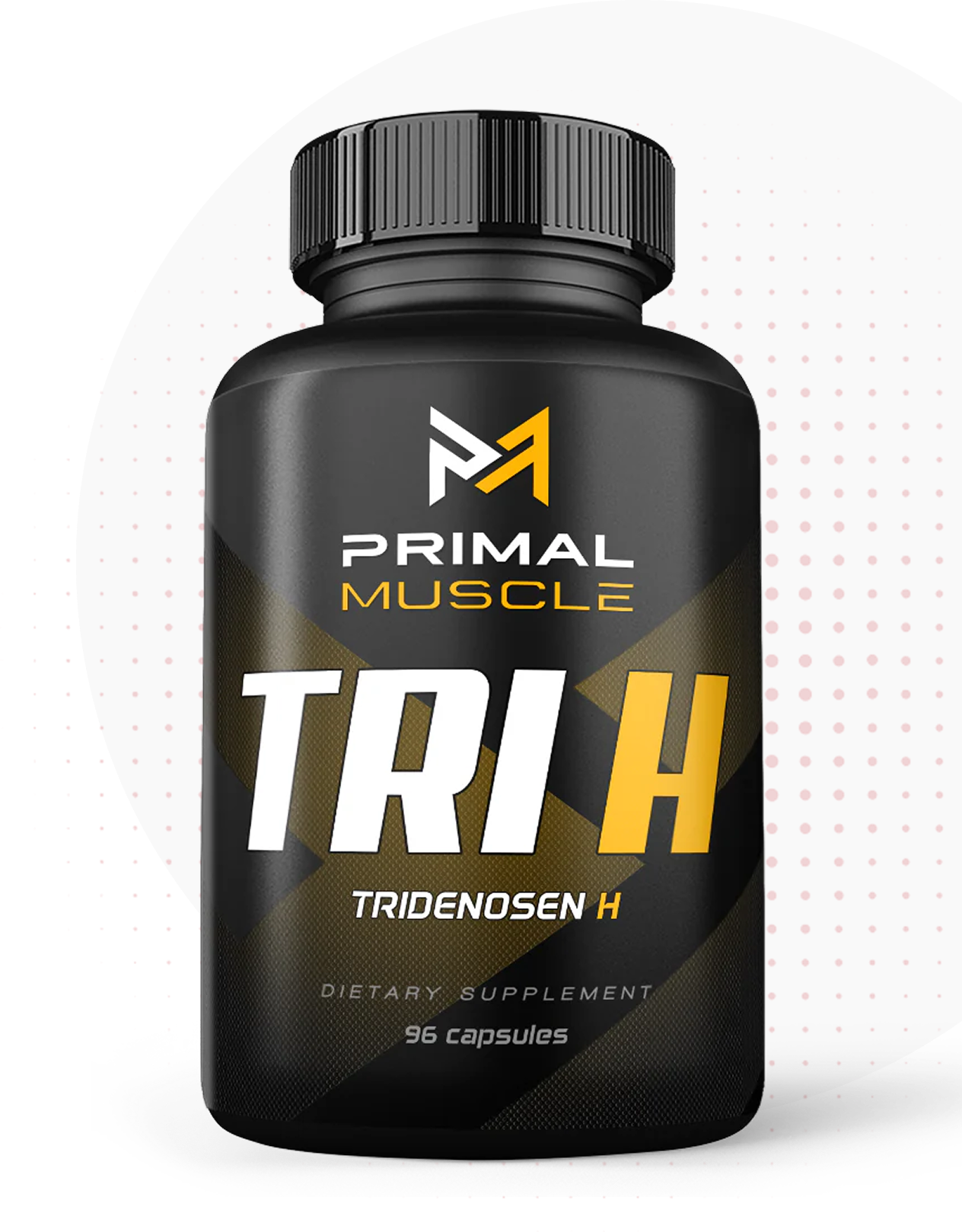 A black bottle of Primal Muscle Tridenosen H dietary supplement.