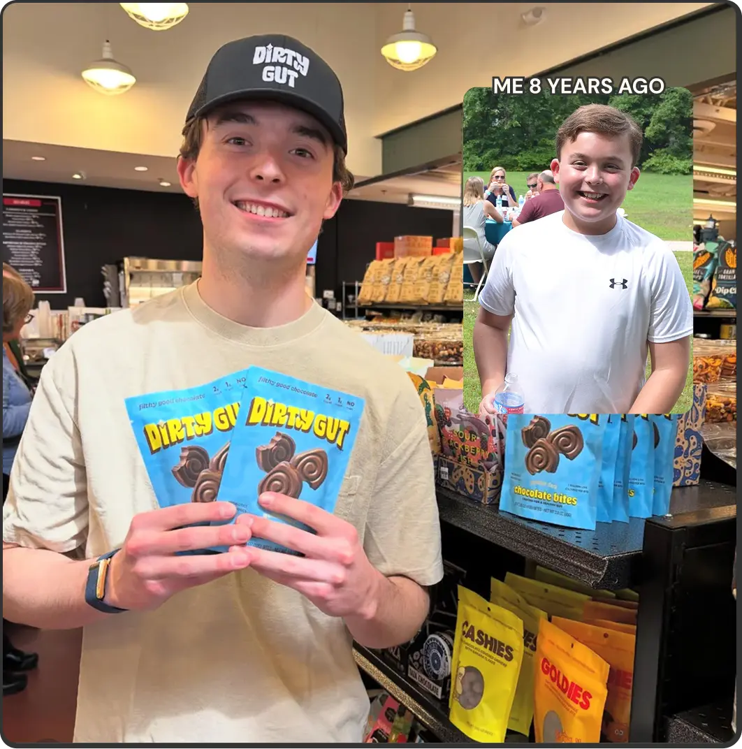 Photo of Founder of DIRTY GUT posing with a bag of chocolate.