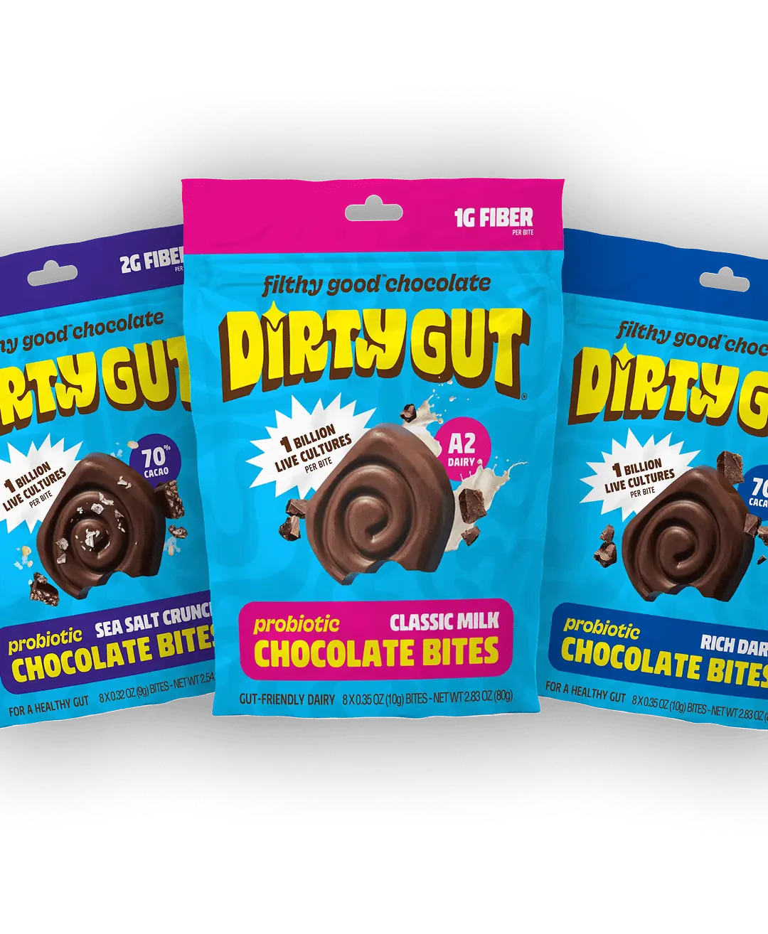 Three colorful bags of Dirty Gut probiotic chocolate bites in various flavors against a green background.