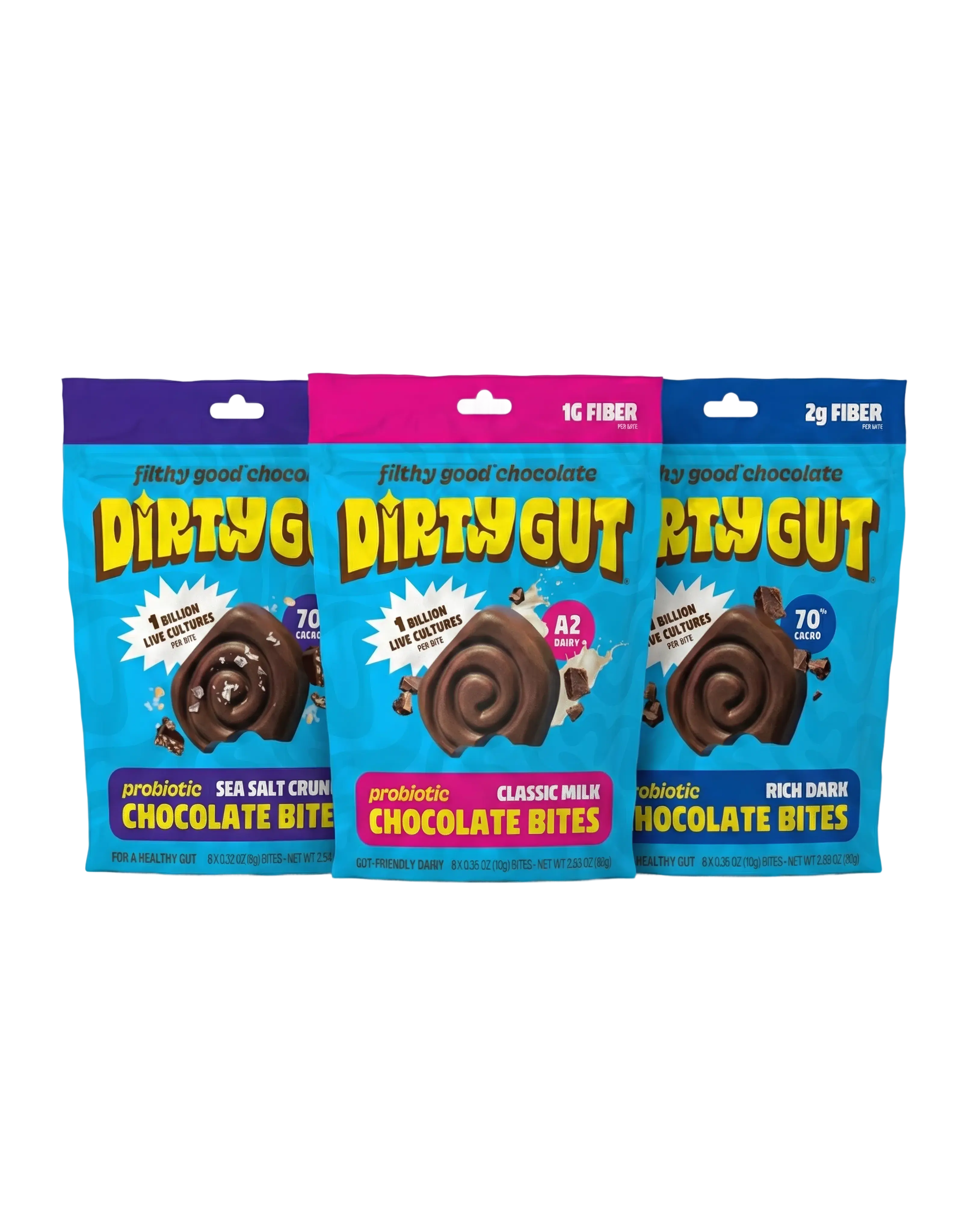 Three bags of Dirty Gut brand probiotic chocolate bites in various flavors against a light green background.