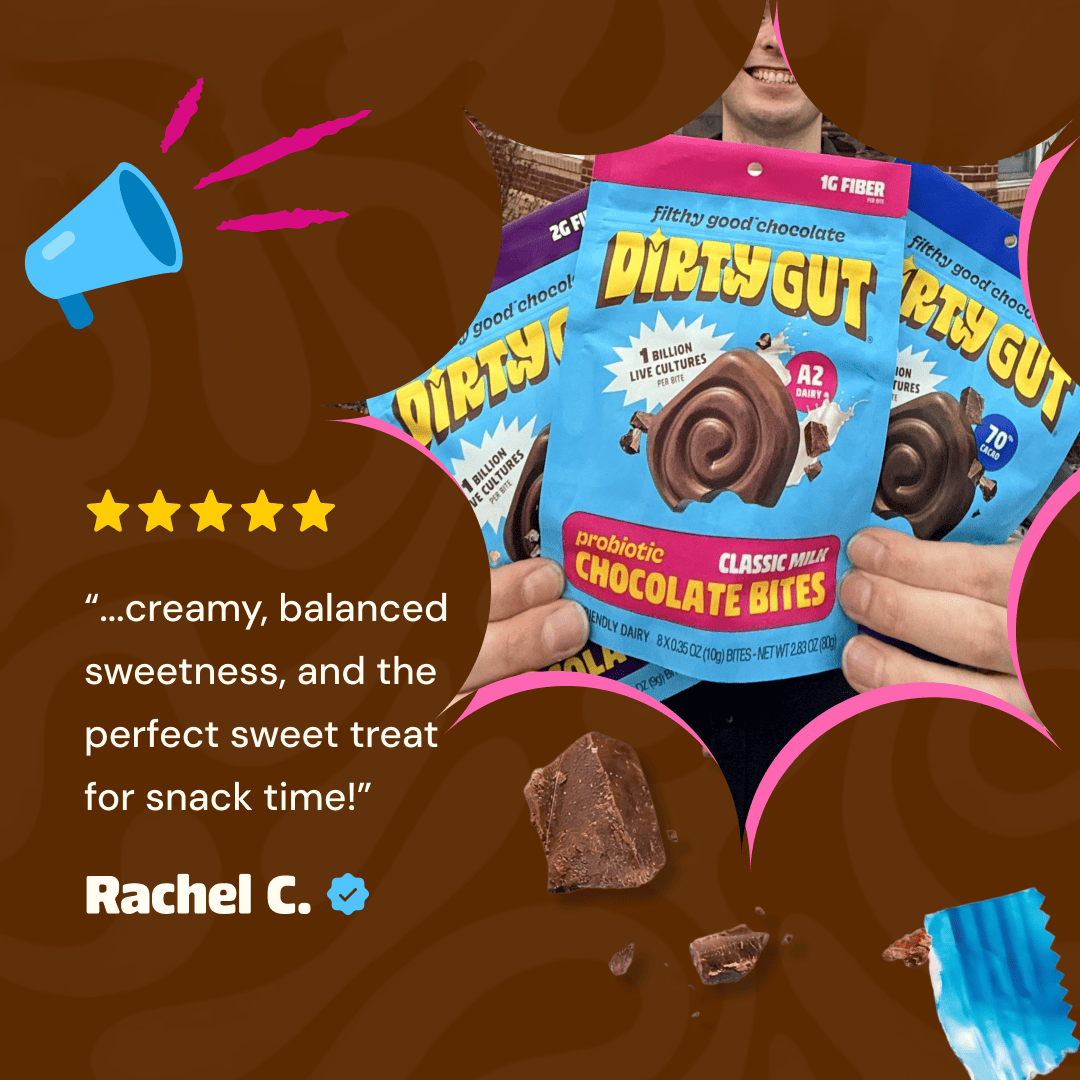 An advertisement for Dirty Gut chocolate snacks showing the bag and a five-star customer review from Rachel C.