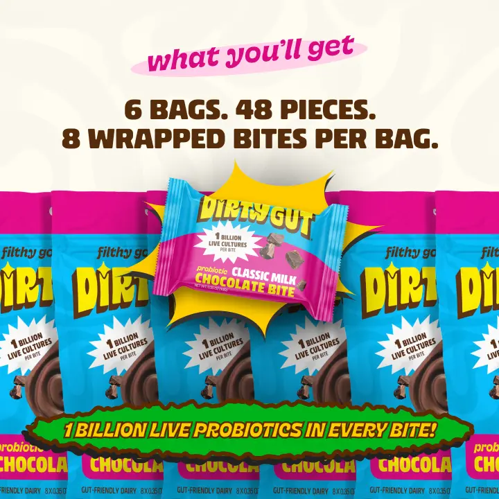 An advertisement for Dirty Gut probiotic chocolate bites, showing six bags of the product.